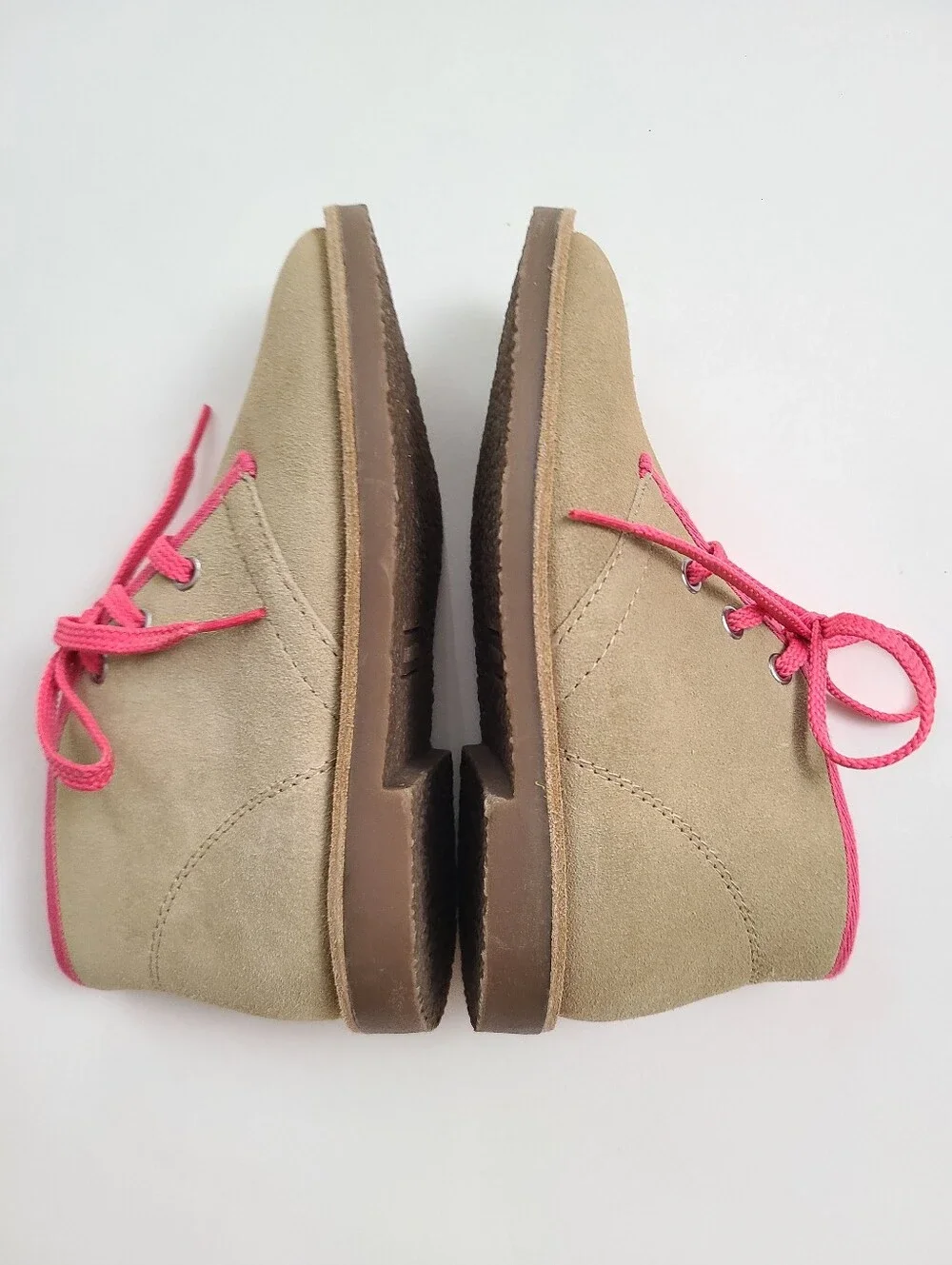 Lands End Girl's Beige Suede Leather Ankle Boots Size 12 Pink Trim and Laces